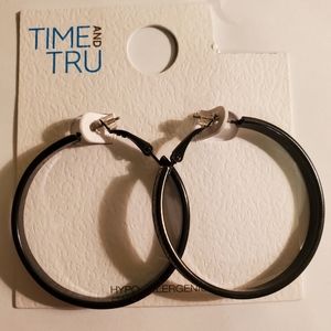 Time and Tru Black and silver hoop earrings hypo allergenic NWT